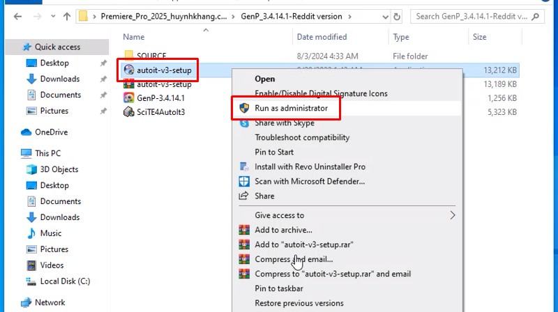Chạy file như hình bằng admin