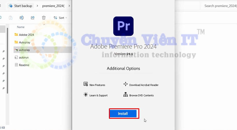Chọn install Tải premiere 2024
