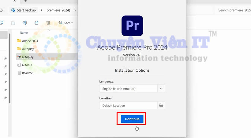 Chọn continue tải adobe premiere 2024