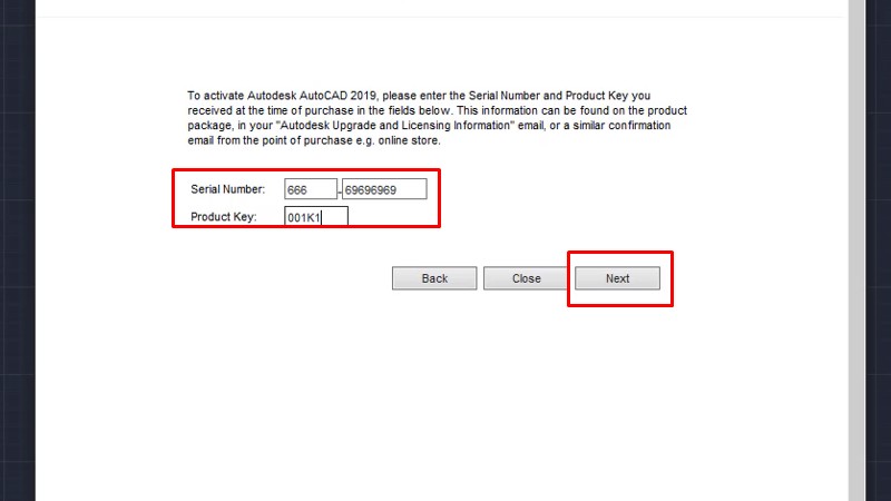 Nhập Serial number: 666-69696969. product key: 001K1, và bấm next