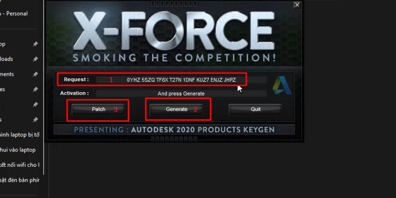 paster code của Request code vào số 1 và bấm chuột theo thứ tự 2 - 3