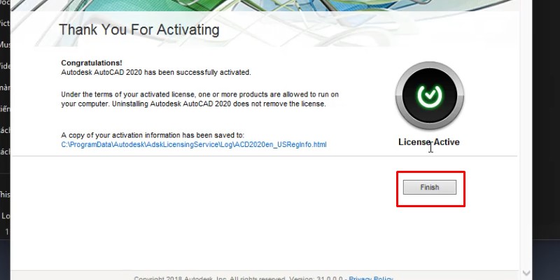 bấm finish hoàn thành cài đặt và kích hoạt