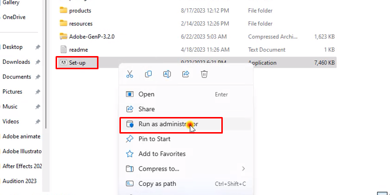chuột phải file setup và chọn run as admin