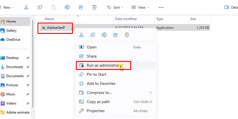 chuột phải file AdobeGenP và chọn Run as admin