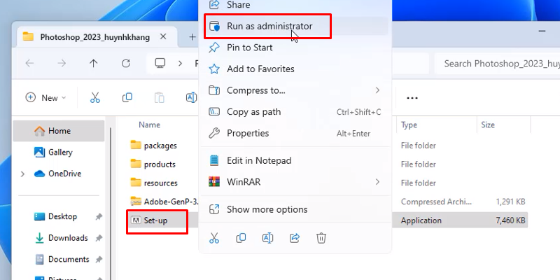 Chuột phải file setup và chọn run as admin