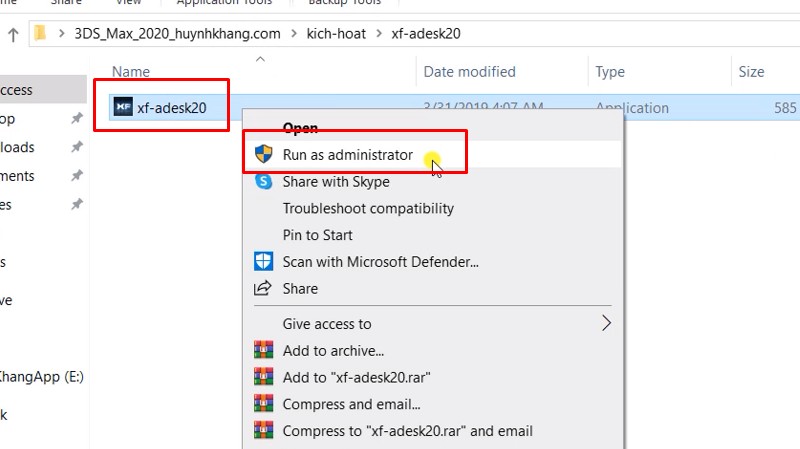 Chạy fle xj-adesk20 bằng quyền admin