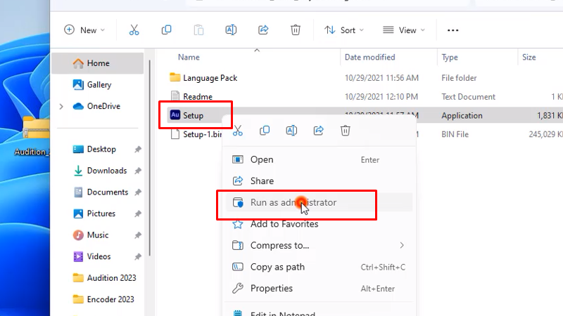 chuột phải vào setup chọn Run As Admin