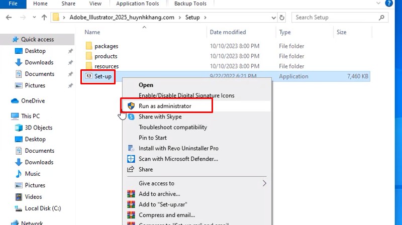 Chuột phải file Setup và chọn Run as admin