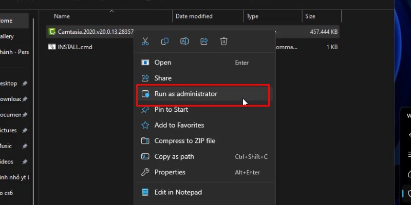 Chuột phải vào Camtasia.2020.v20 và chọn Run as admin