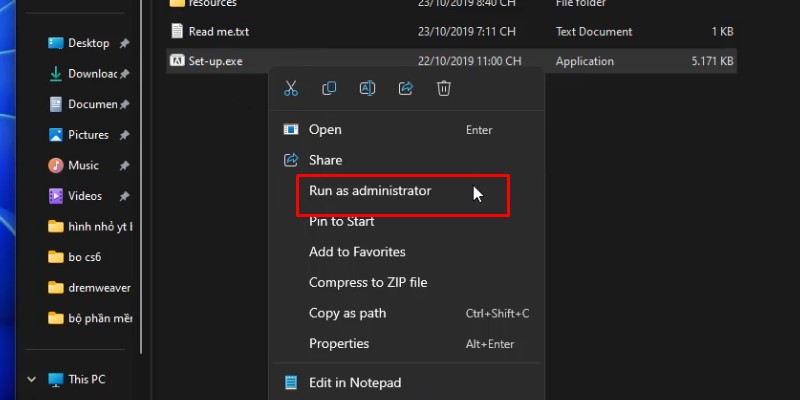 Chuột phải vào set up và chọn Run as admin