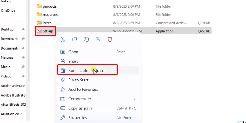 chuột phải file setup và chọn run as admin