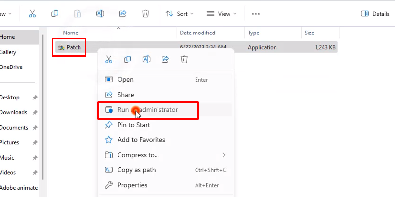 chuột phải file patch và chọn run as admin