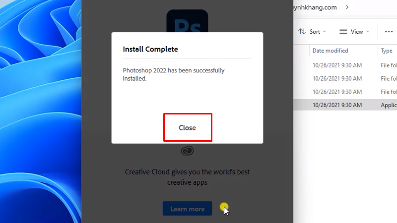 bấm Close hoàn thành cài đặt