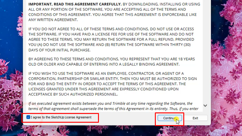 Mở app Sketchup 2018, tích như hình và chọn Continue