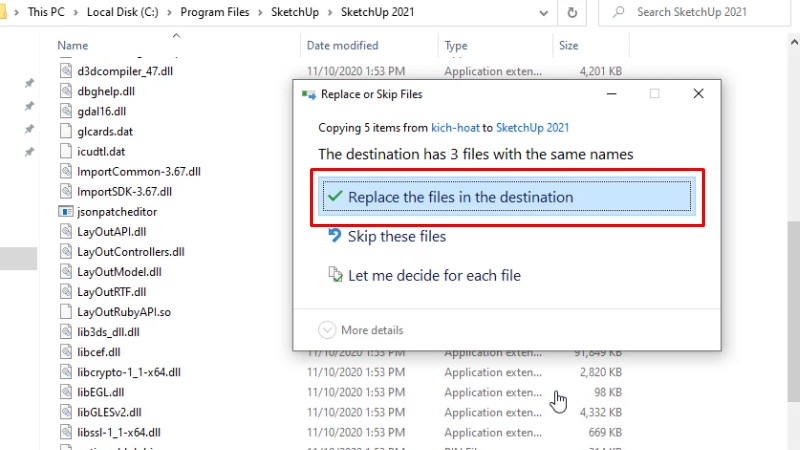 Nhấn vào Replace the files như hình