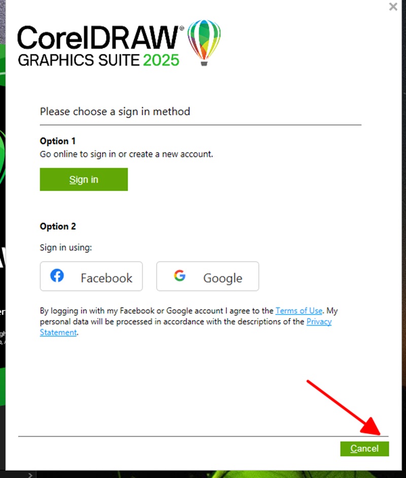 Bấm Cancel để kết thúc cài Coreldraw 2025